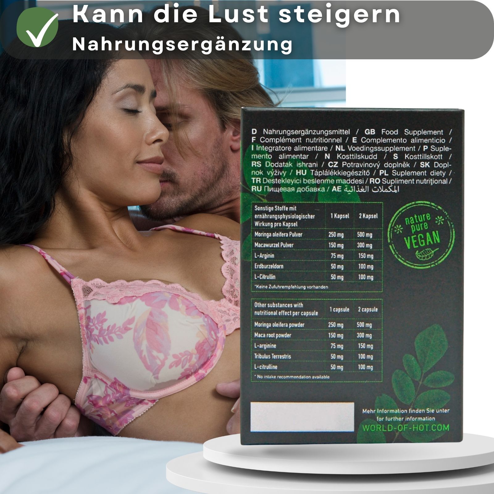 Rückseite der Verpackung. Text in mehreren Sprachen. Vegan-Siegel. Inhaltsstoffe und Nährwertangaben.