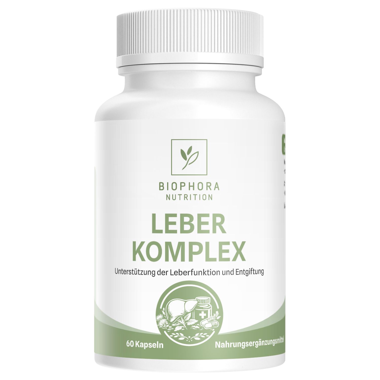 Weiße Flasche "Leber Komplex" mit grüner Aufschrift. 60 Kapseln. Nahrungsergänzungsmittel.