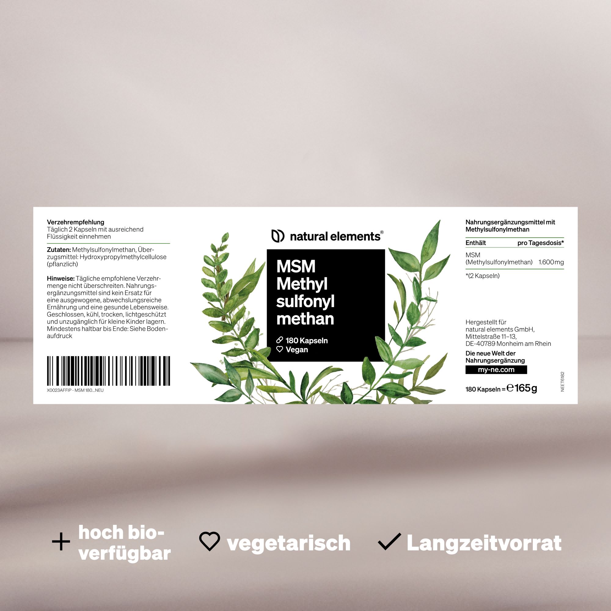 natural elements MSM Kapseln – 180 Kapseln – 1600mg Methylsulfonylmethan Pulver pro Tagesdosis