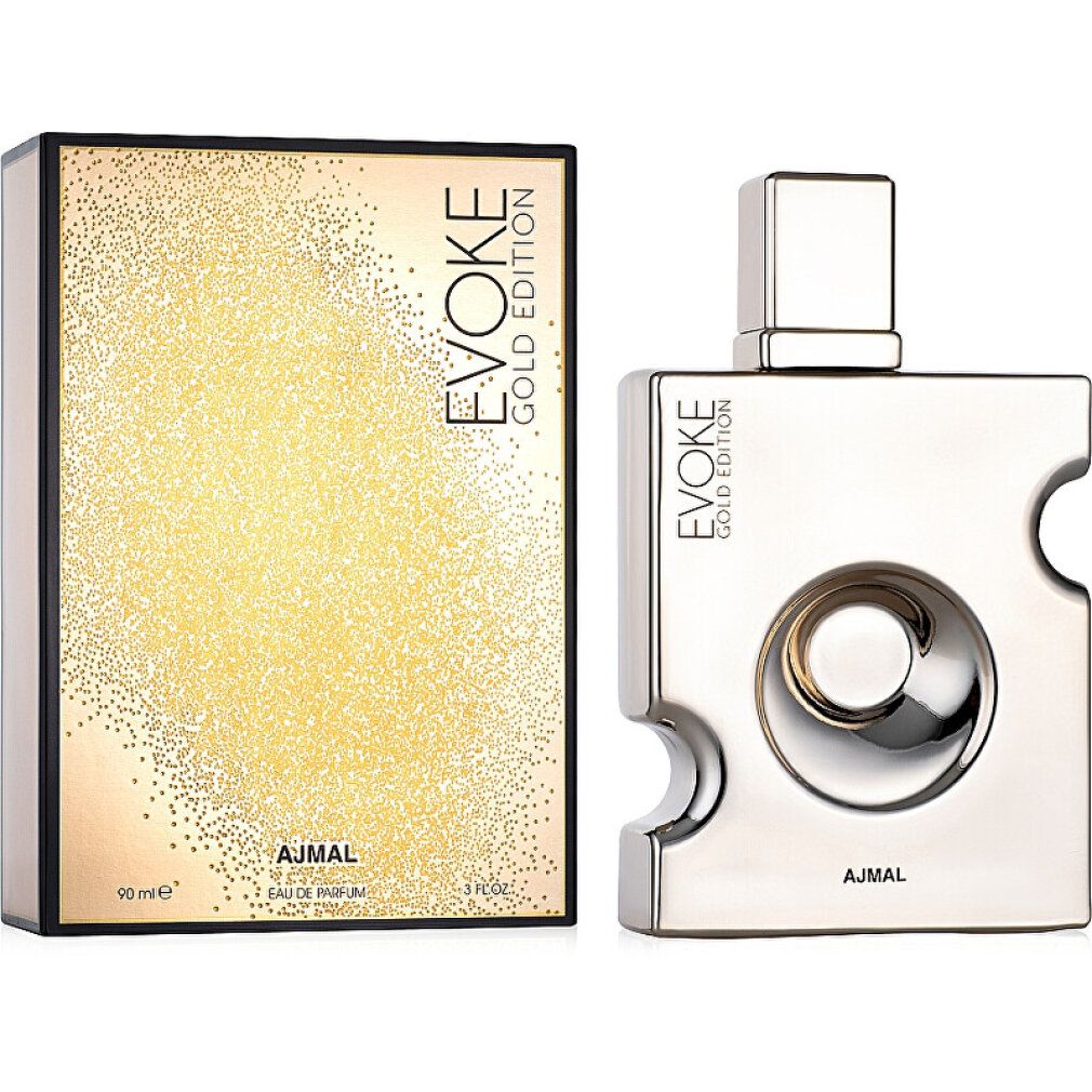 Goldfarbene Schachtel und goldfarbener Flakon. Aufschrift: Evoke Gold Edition, Ajmal. Flakon mit silbernem Verschluss.