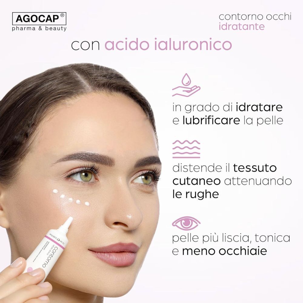 Frau mit Produkt. Produkt: Contorno occhi. Marke: Agocap. Text: con acido ialuronico.