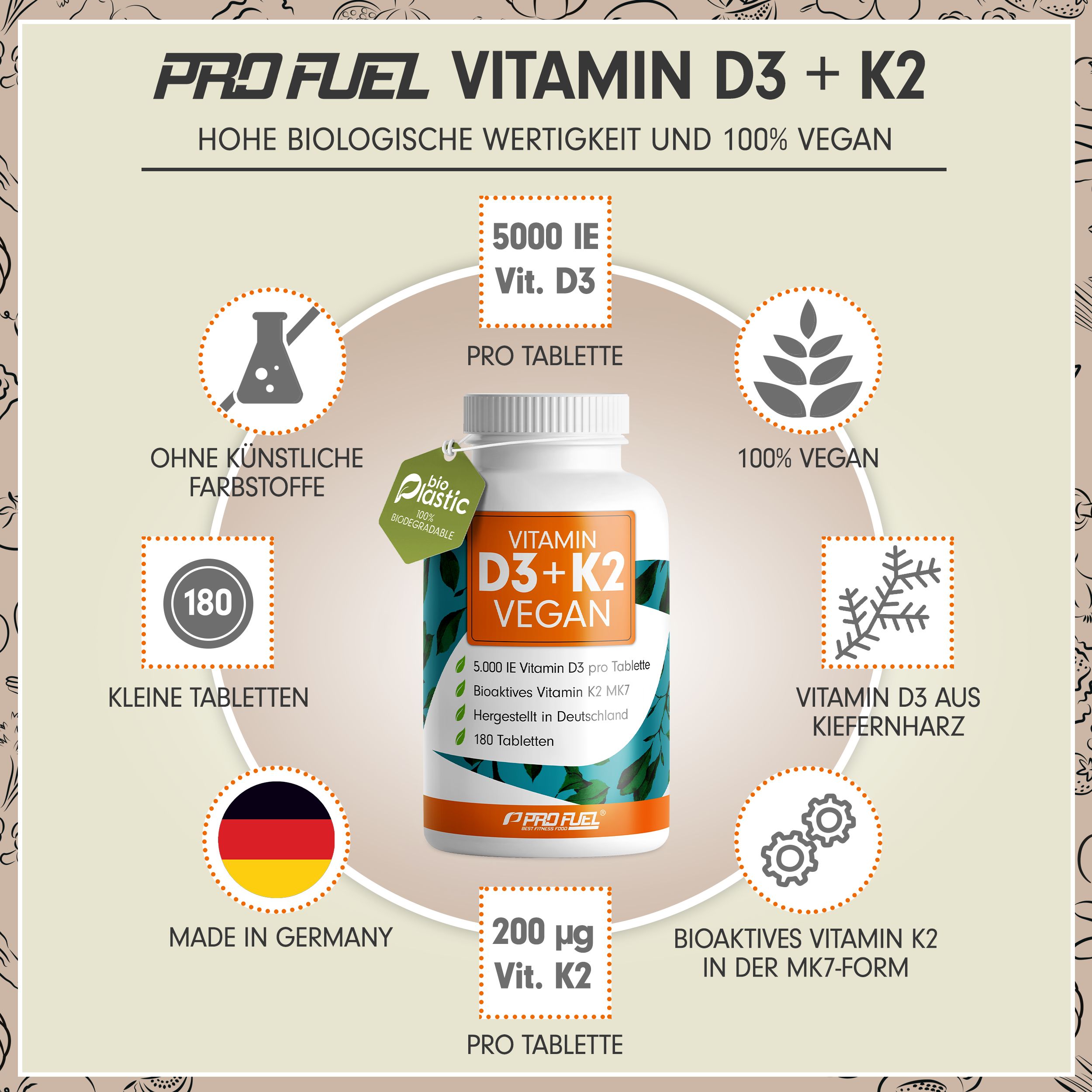 Produktabbildung mit Vitamin D3+K2 Vegan Tabletten. Informationen umgeben die Flasche. Vegan-Siegel und Made in Germany.