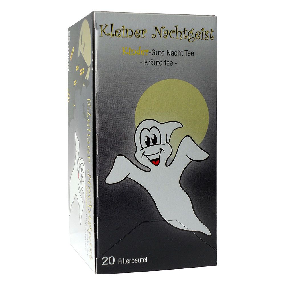 Produktverpackung mit Geistermotiv und Schriftzug "Kleiner Nachtgeist". 20 Filterbeutel. Seitenansicht.