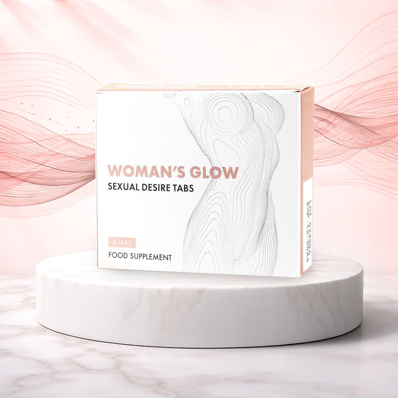 WOMAN'S GLOW-Verpackung auf Podest. 4 Tabs, Food Supplement.