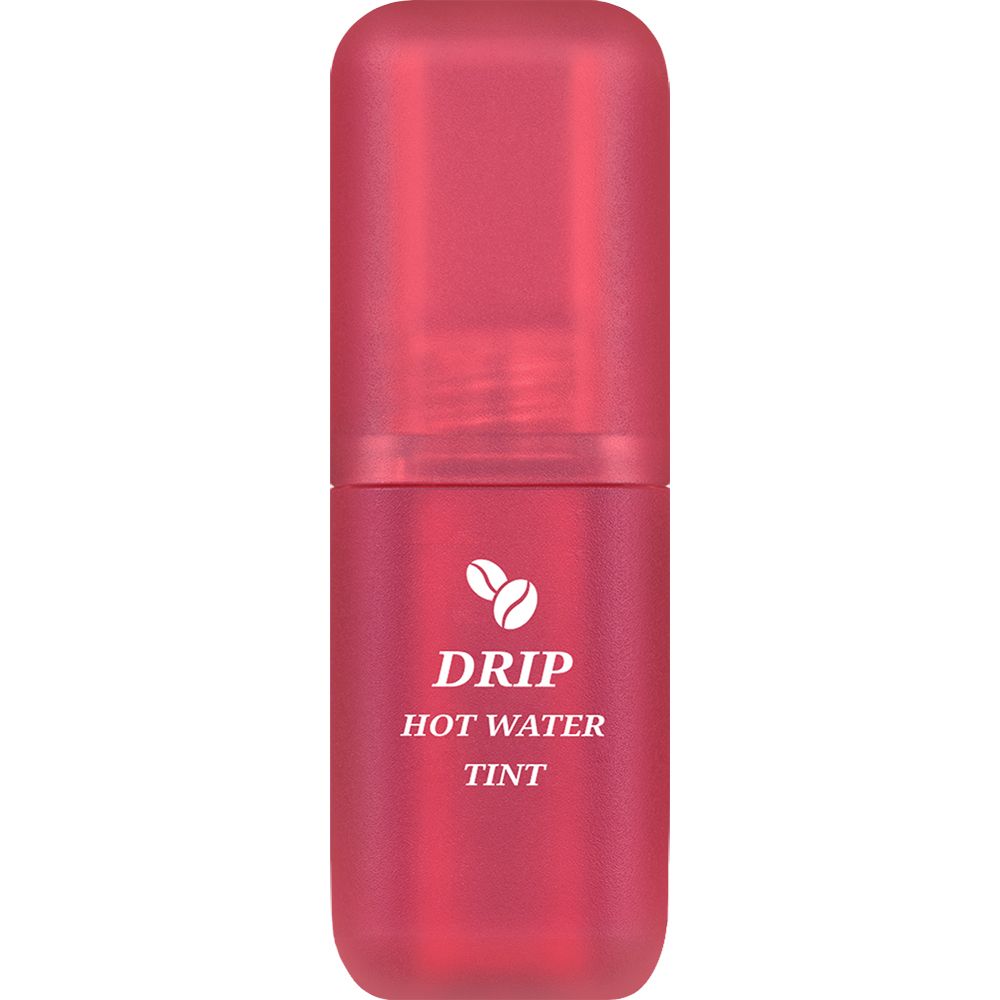 Roter Lip Tint, zylindrische Form, mit Deckel. Aufschrift: Drip Hot Water Tint. Kaffeebohnen-Symbol.