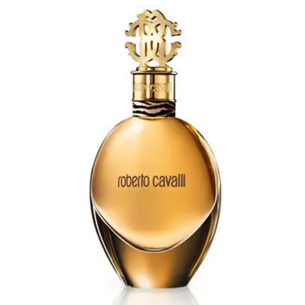 Roberto Cavalli Eau De Parfum Spray. Goldfarbene, ovale Flasche mit goldenem Verschluss. Schriftzug.