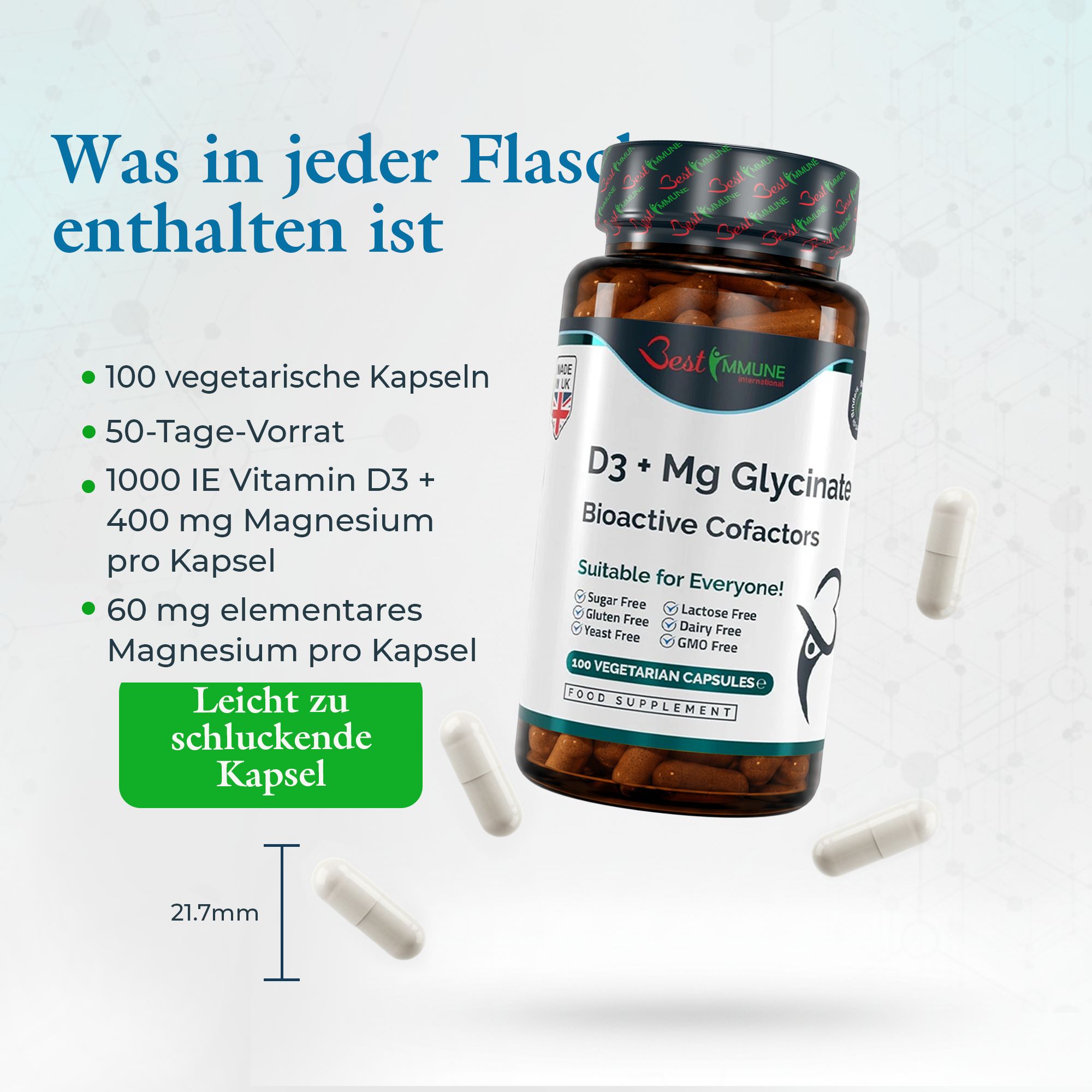 Flasche D3 + Mg Glycinat mit detaillierter Auflistung des Inhalts und der Kapselgröße (21,7 mm).