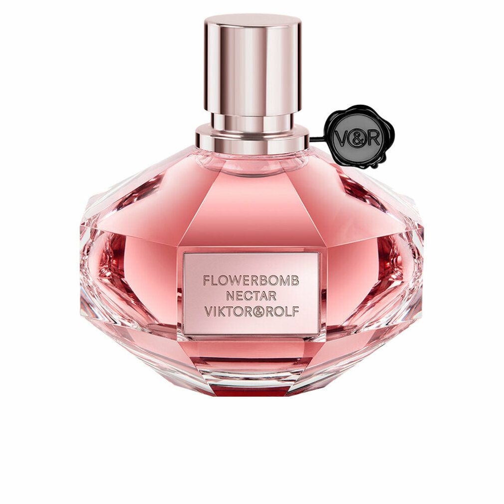 Parfümflakon, rosa Flüssigkeit, achteckige Form, silberner Verschluss, schwarzes Siegel mit Logo. Text: Flowerbomb Nectar Viktor&Rolf.