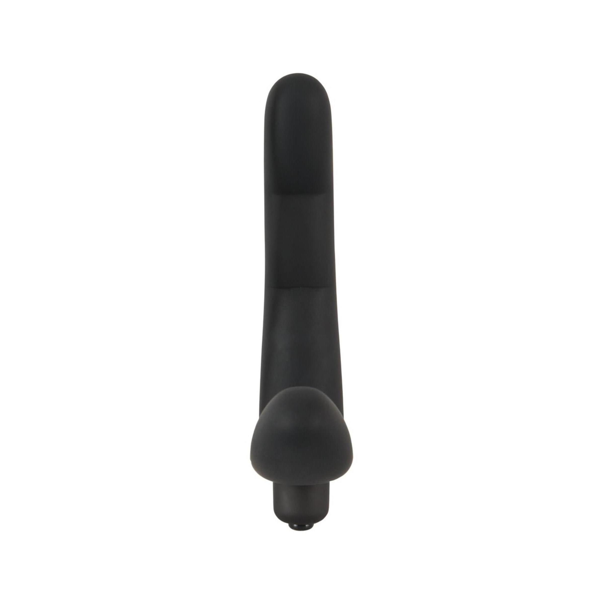 Schwarzer Vibrator mit länglicher Form. Besteht aus einem Schaft und einem abgerundeten Ende. Unterseite mit abgerundeter Basis.