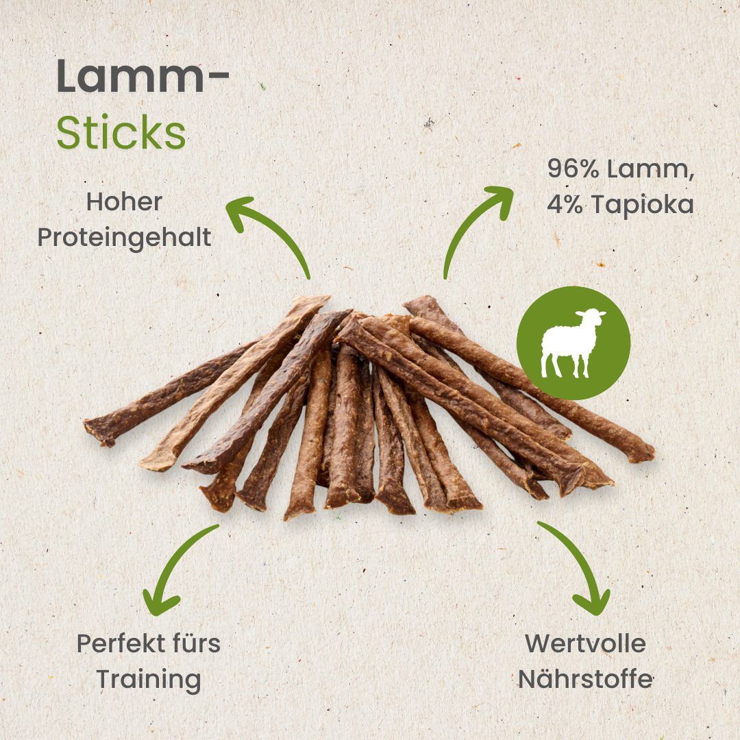 Lamm-Sticks mit Informationen zu Inhaltsstoffen und Vorteilen.