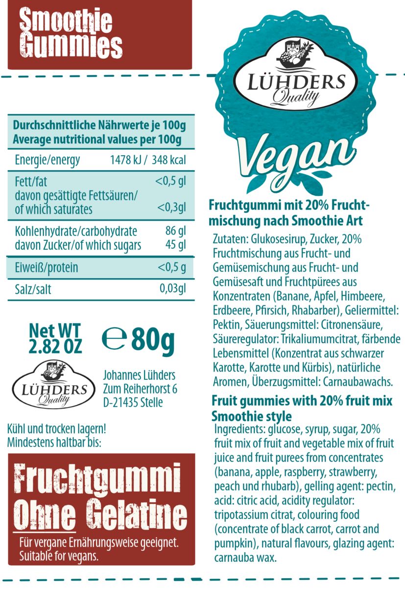 Lühders - Smoothie Gummies Melba-Ruby, vegan 3x80 kg Fruchtgummi