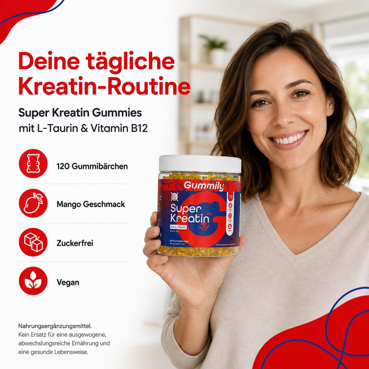 Frau hält Gummily Super Kreatin Gummibärchen: 120 Stück, Mango, mit L-Taurin & Vitamin B12, zuckerfrei, vegan.