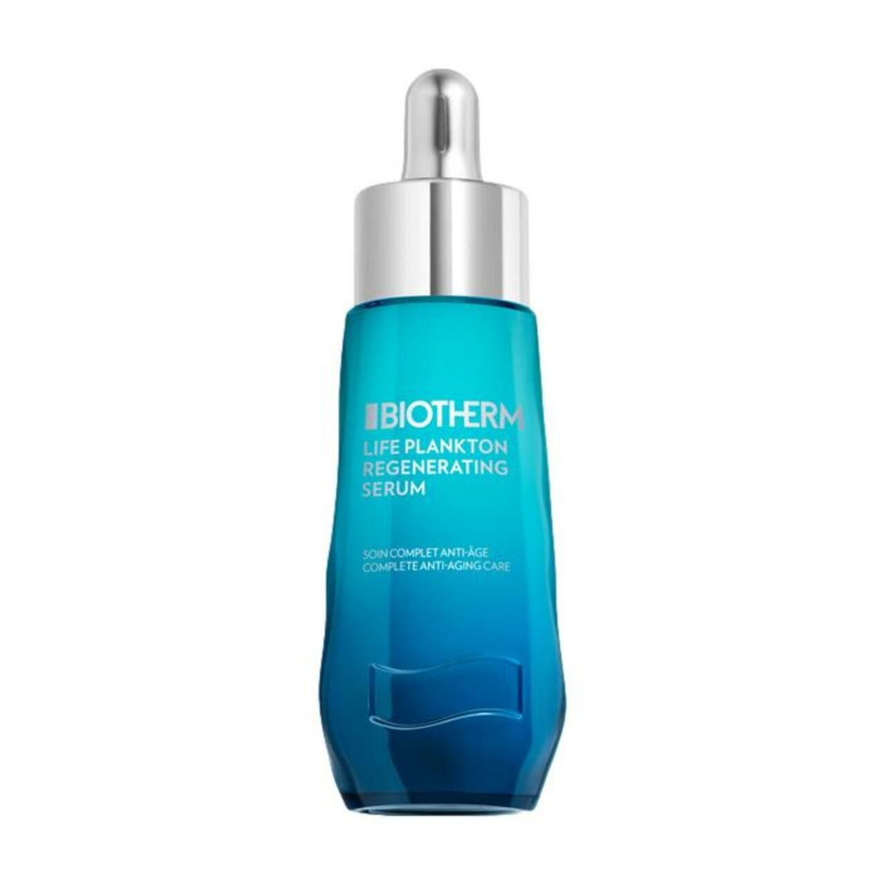 Blau-transparente Flasche mit silbernem Applikator. Aufschrift: Biotherm Life Plankton Regenerating Serum.