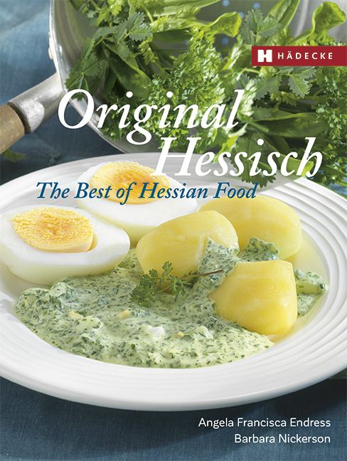 Teller mit hessischen Speisen: Eier, Kartoffeln und grüne Soße. Buchcover mit Titel "Original Hessisch" und Autorennamen.