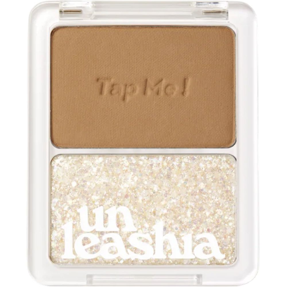 UNLEASHIA Tap Me Palette Duo. Zwei Bereiche in einer transparenten Verpackung. Oben matt, unten glitzernd.
