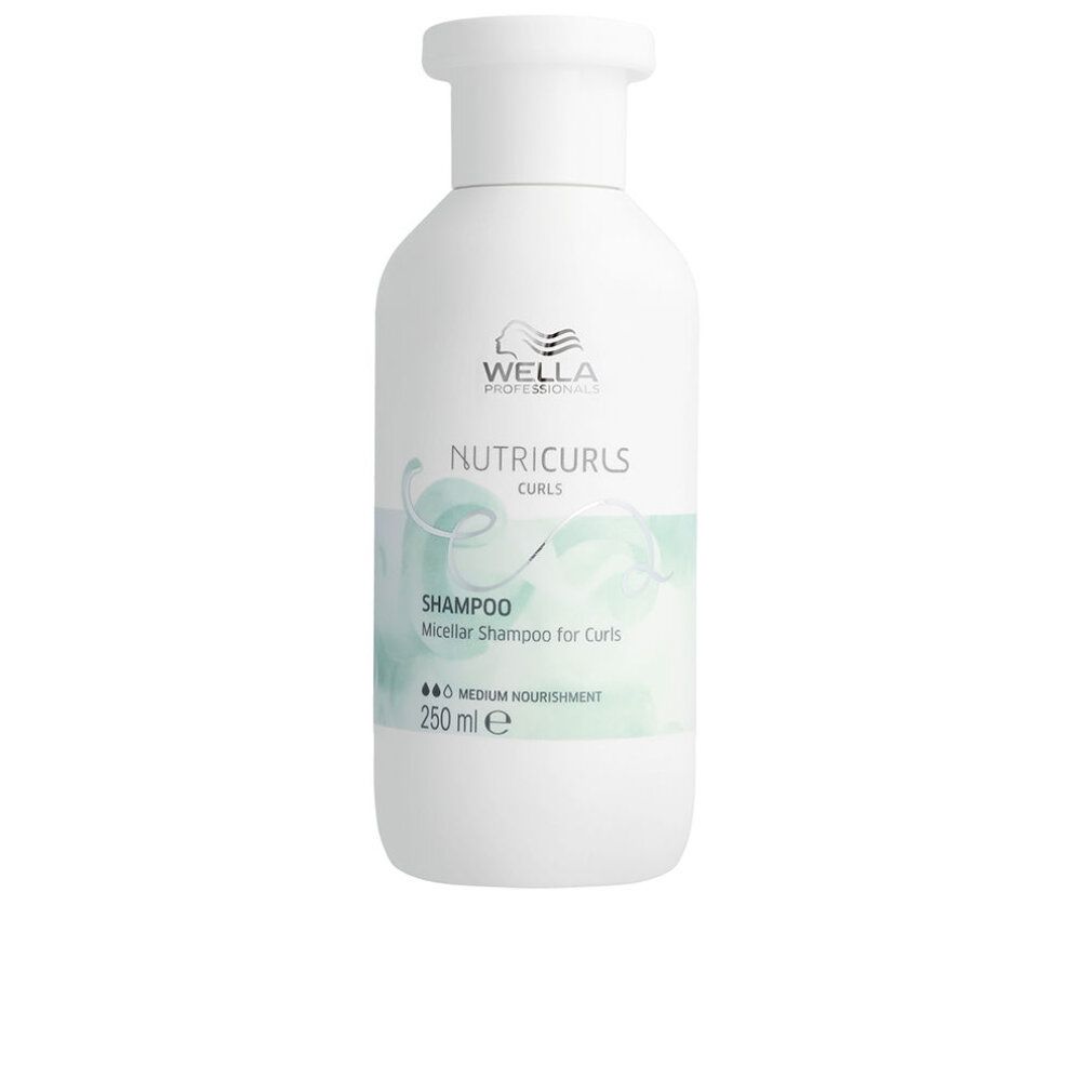 Weiße Shampoo-Flasche mit Wella-Logo. Text: Nutricurls Curls, Shampoo, 250 ml.