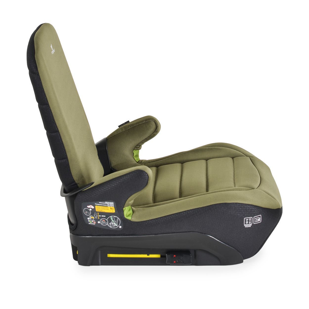 Grüner Kindersitz mit Armlehnen, schwarzer Basis und gelbem ISOFIX-Haken.