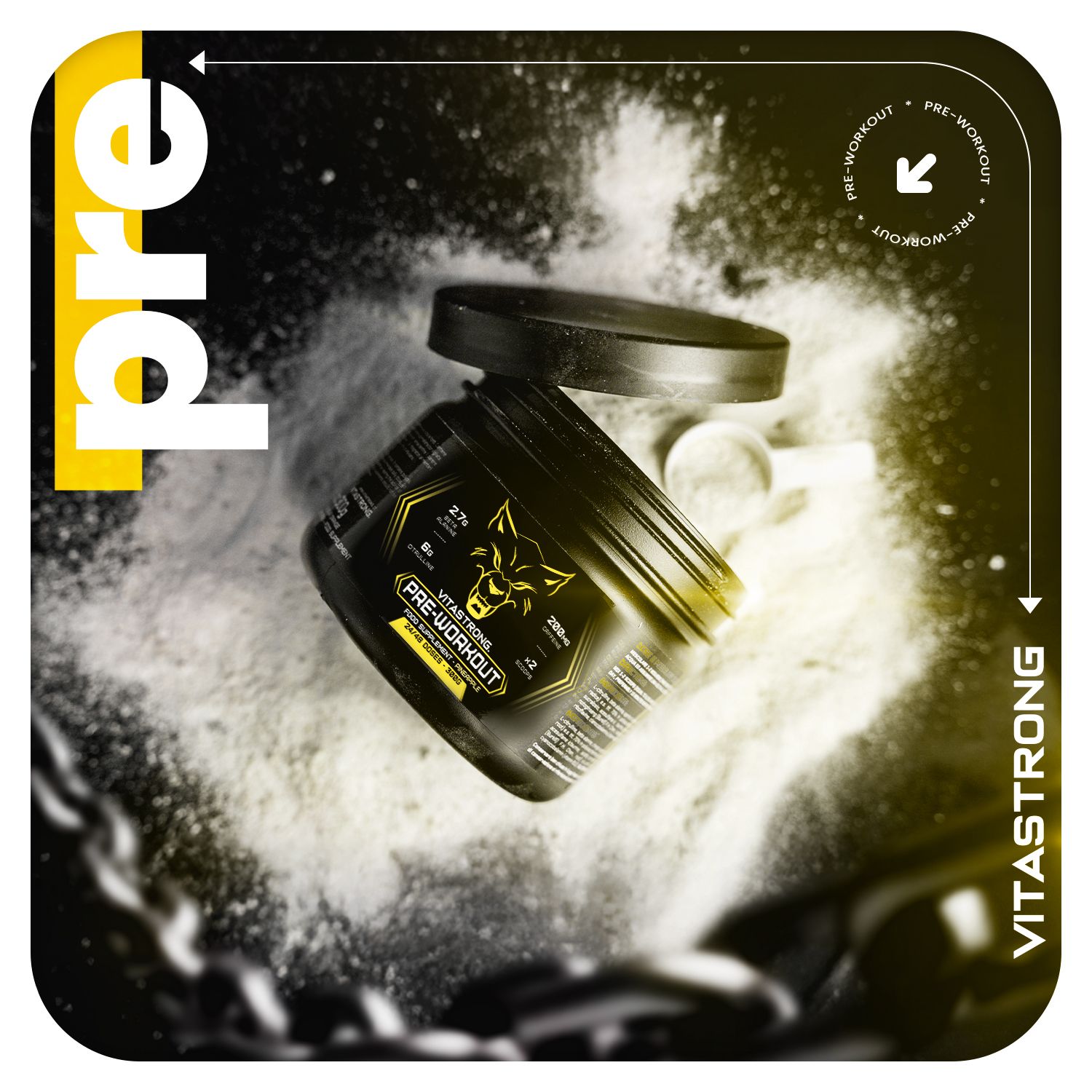 Dose mit Pulver auf Pulverhintergrund. Text: Pre-Workout. Gelbe Akzente. Vitastrong Logo.