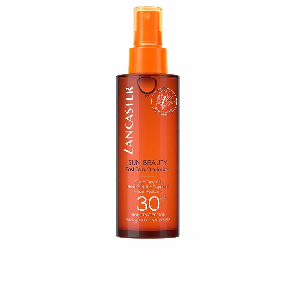 Lancaster Sun Beauty Satin Dry Oil SPF30. Orangefarbene Flasche mit Sprühkopf.
