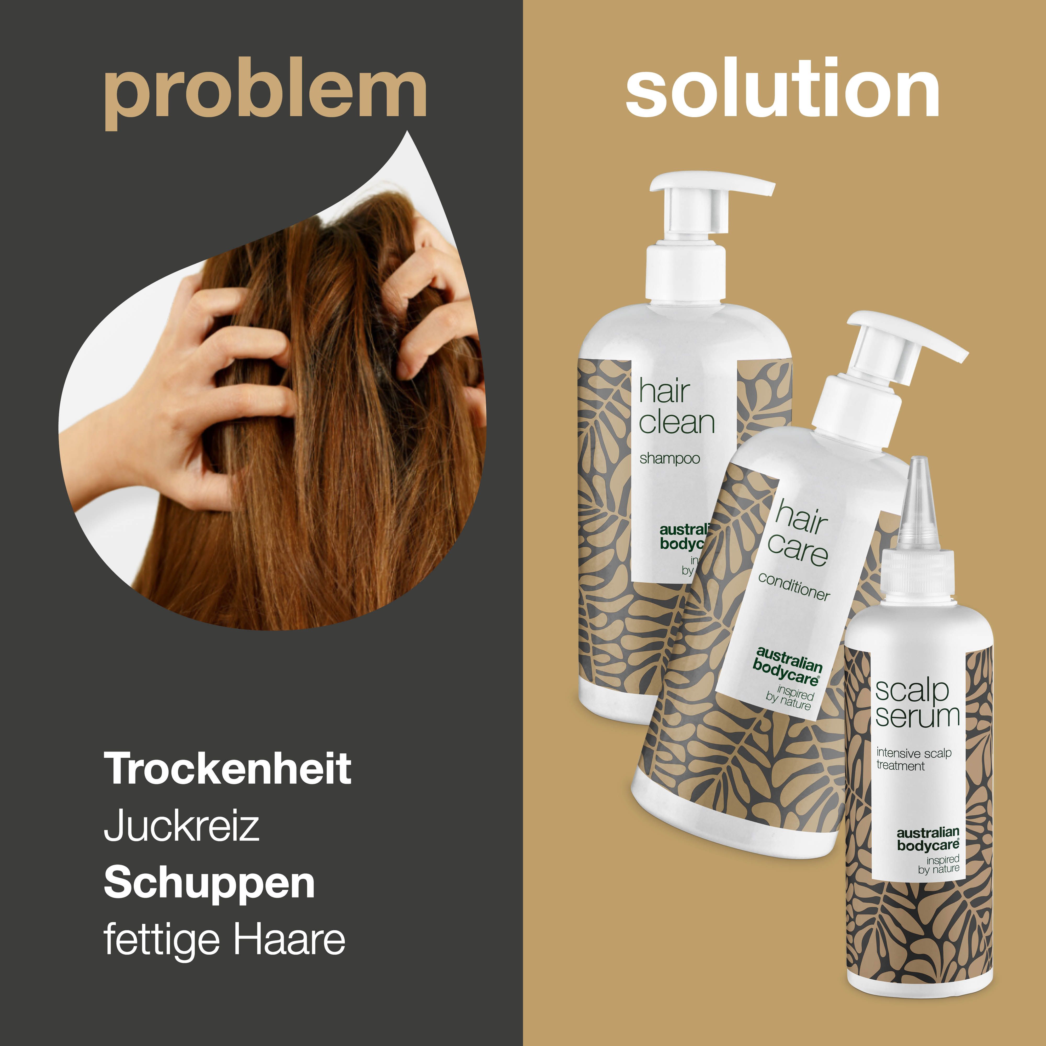 Haar und Hände. Links: Probleme wie Trockenheit, Juckreiz, Schuppen, fettige Haare. Rechts: Drei Flaschen Australian Bodycare.