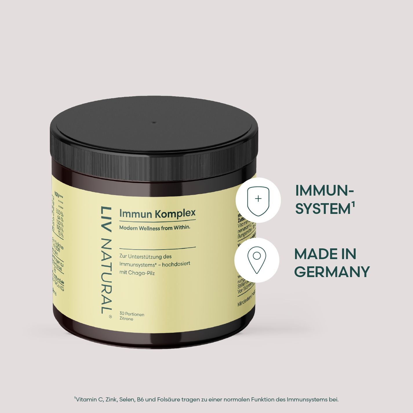 Braune Dose mit schwarzem Deckel. Aufschrift: LIV NATURAL, Immun Komplex. Zusatz: Immun-System, Made in Germany.