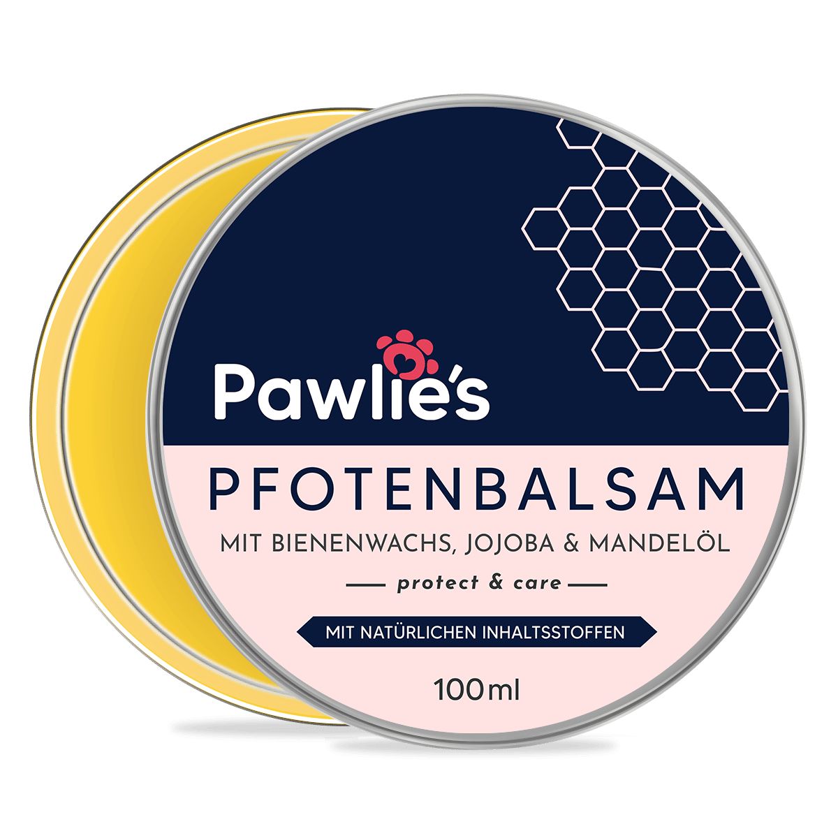 Runde Dose mit Pfotenbalsam. Deckel mit Logo und Produktinformationen. Offene Dose mit gelbem Balsam.