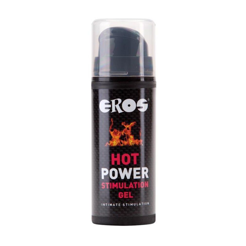 Eros Hot Power Stimulation Gel Flasche mit Pumpspender. Schwarze Textur, Flammen-Design.