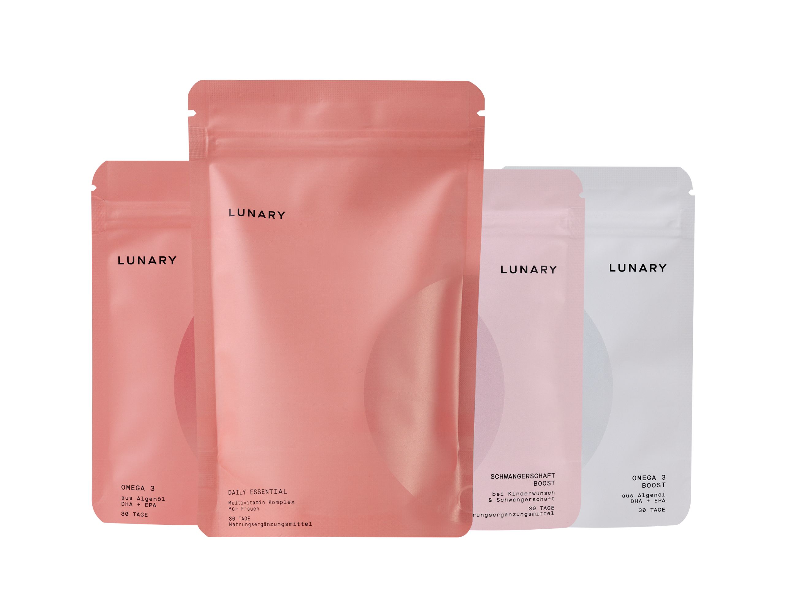 Vier Beutel LUNARY. Rosa, hellrosa und weiß. Aufschrift LUNARY. Omega 3, Daily Essential, Schwangerschaft, Omega 3.