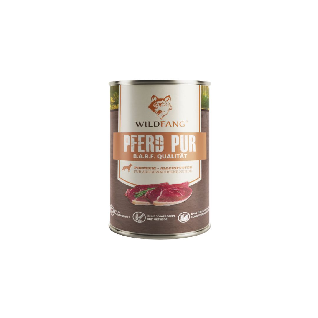Dose "Pferd Pur" mit Logo und Text: "Premium-Alleinfutter für Hunde & Katzen".