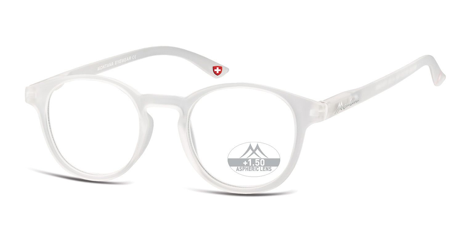 Brille mit runden, transparenten Gläsern und hellgrauem Rahmen. Auf den Gläsern steht "+1.50".