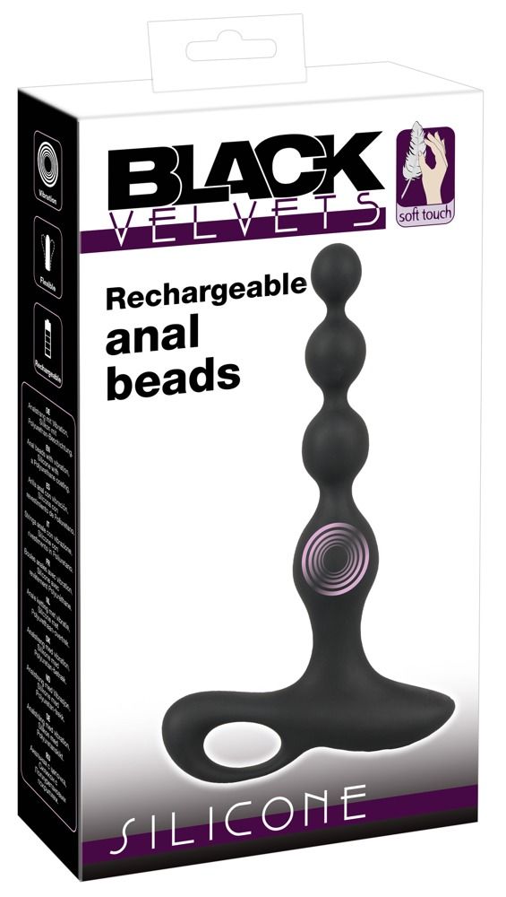 Verpackung mit Produkt. Schwarze Kugelkette mit drei Kugeln. Marke: Black Velvets. Text: Rechargeable anal beads.