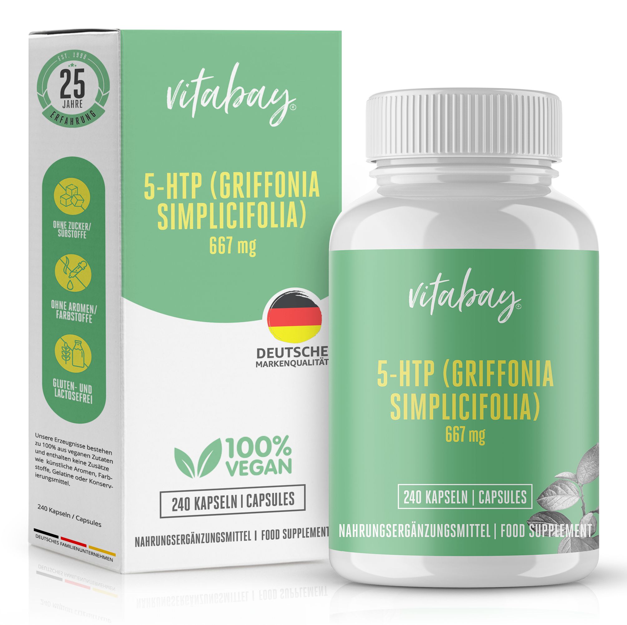 Vitabay 5-HTP (Griffonia Simplicifolia) 667 mg, 240 Kapseln. Verpackung mit Produktname, Logo, Inhaltsangaben und Zertifizierungen.