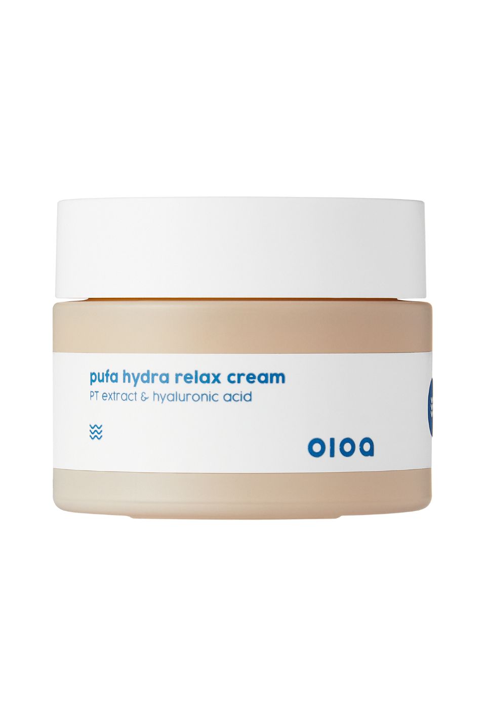 Beige Cremebehälter mit weißem Deckel. Aufschrift: "pufa hydra relax cream" und "oioa".