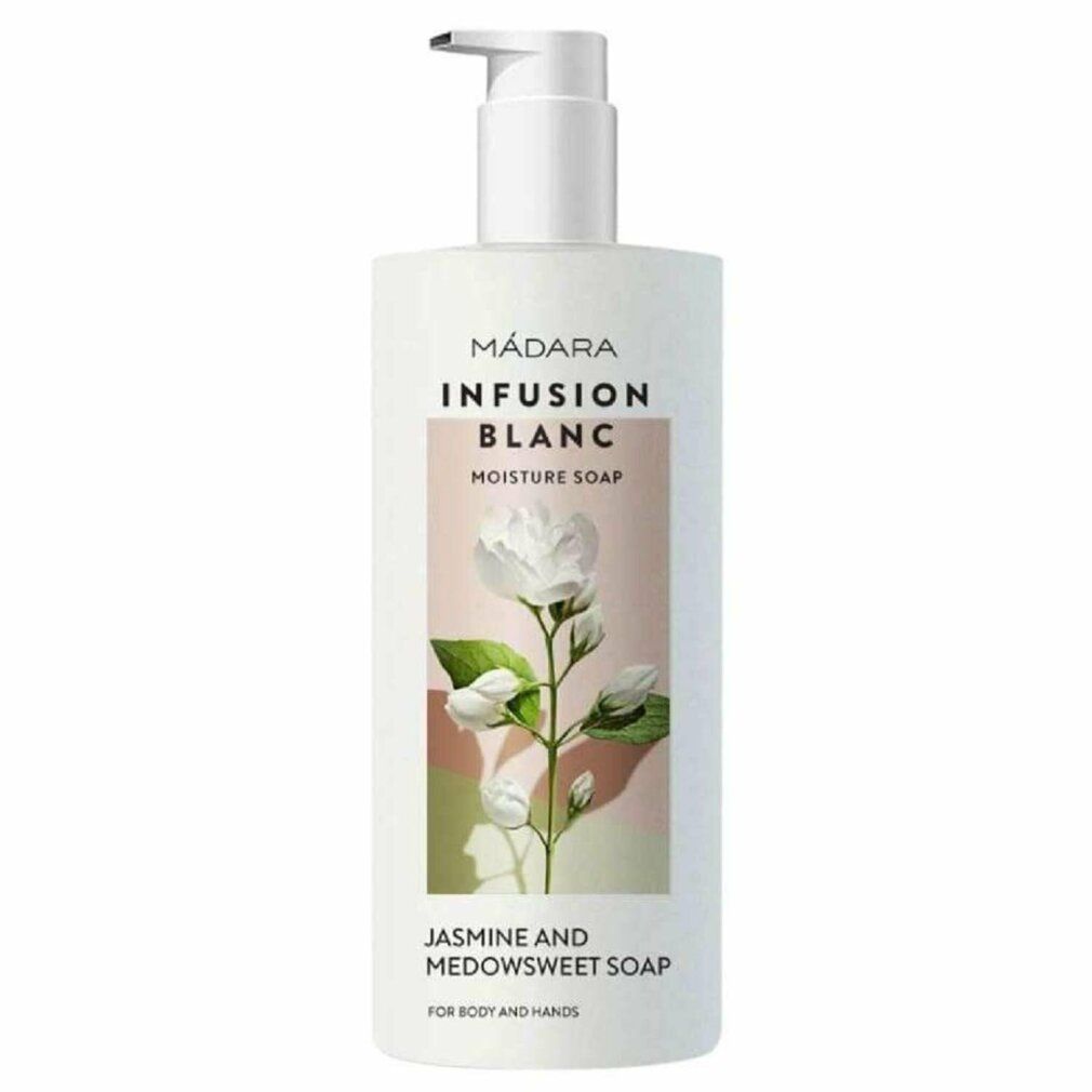Weiße Flasche mit Pumpe. Aufschrift: MÁDARA, INFUSION BLANC, Moisture Soap. Abbildung: weiße Blume. Text: Jasmin und Mädesüß Seife.