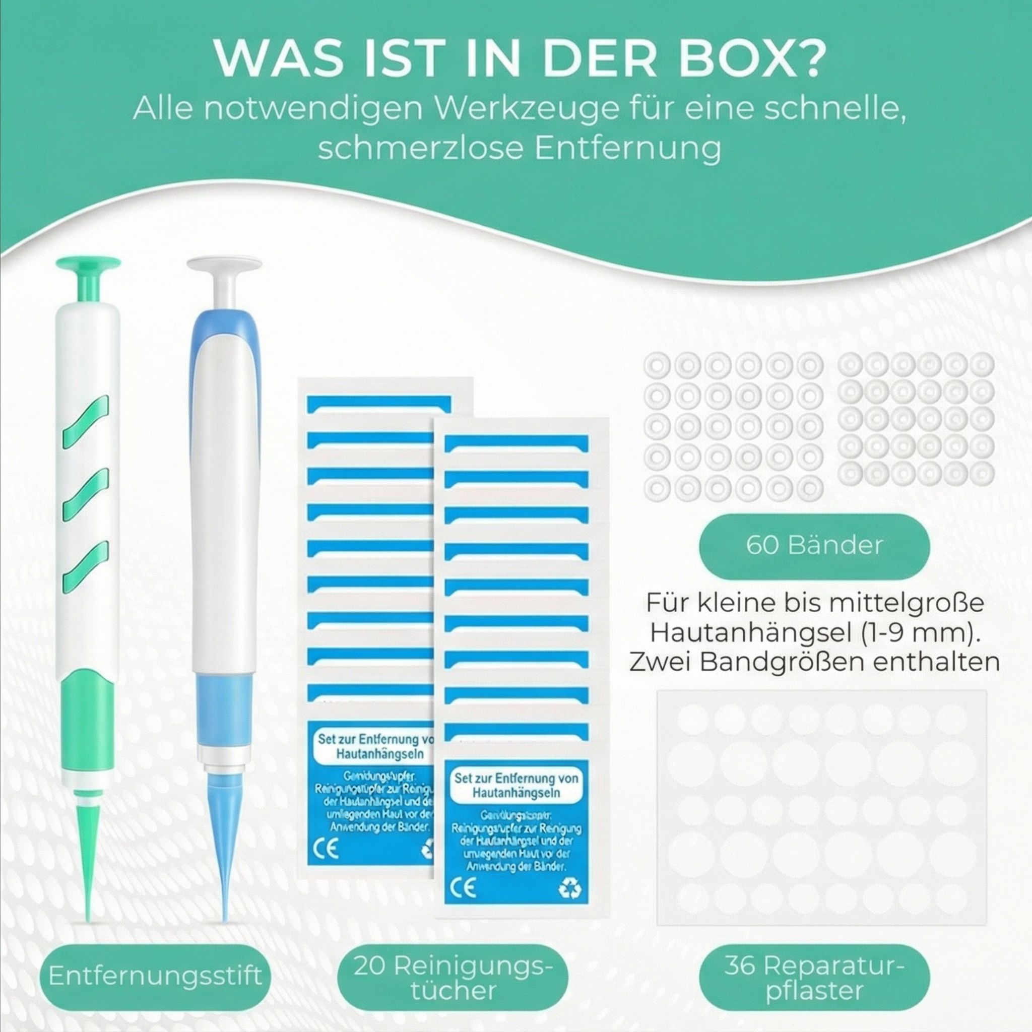 Leiqier 2-in-1 Set zur Entfernung von Stielwarzen: 2 Geräte, 20 Reinigungstücher, 60 Bänder, 36 Reparaturpflaster.
