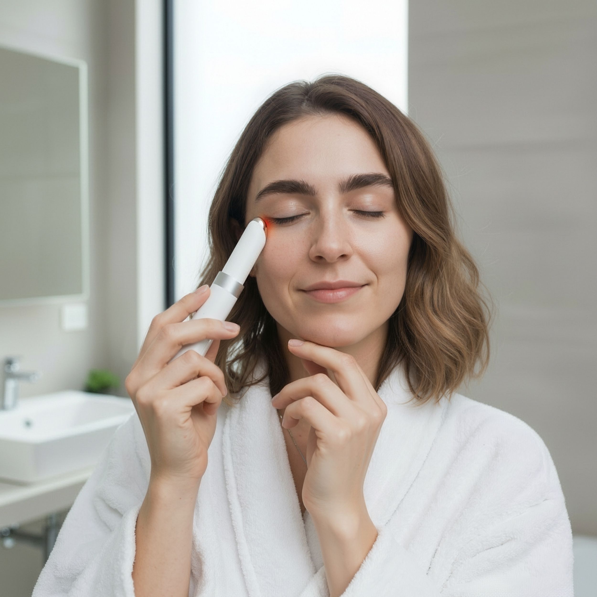 Frau hält weißen Augenpflege-Stift. Stift mit rotem Licht. Frau schließt die Augen.