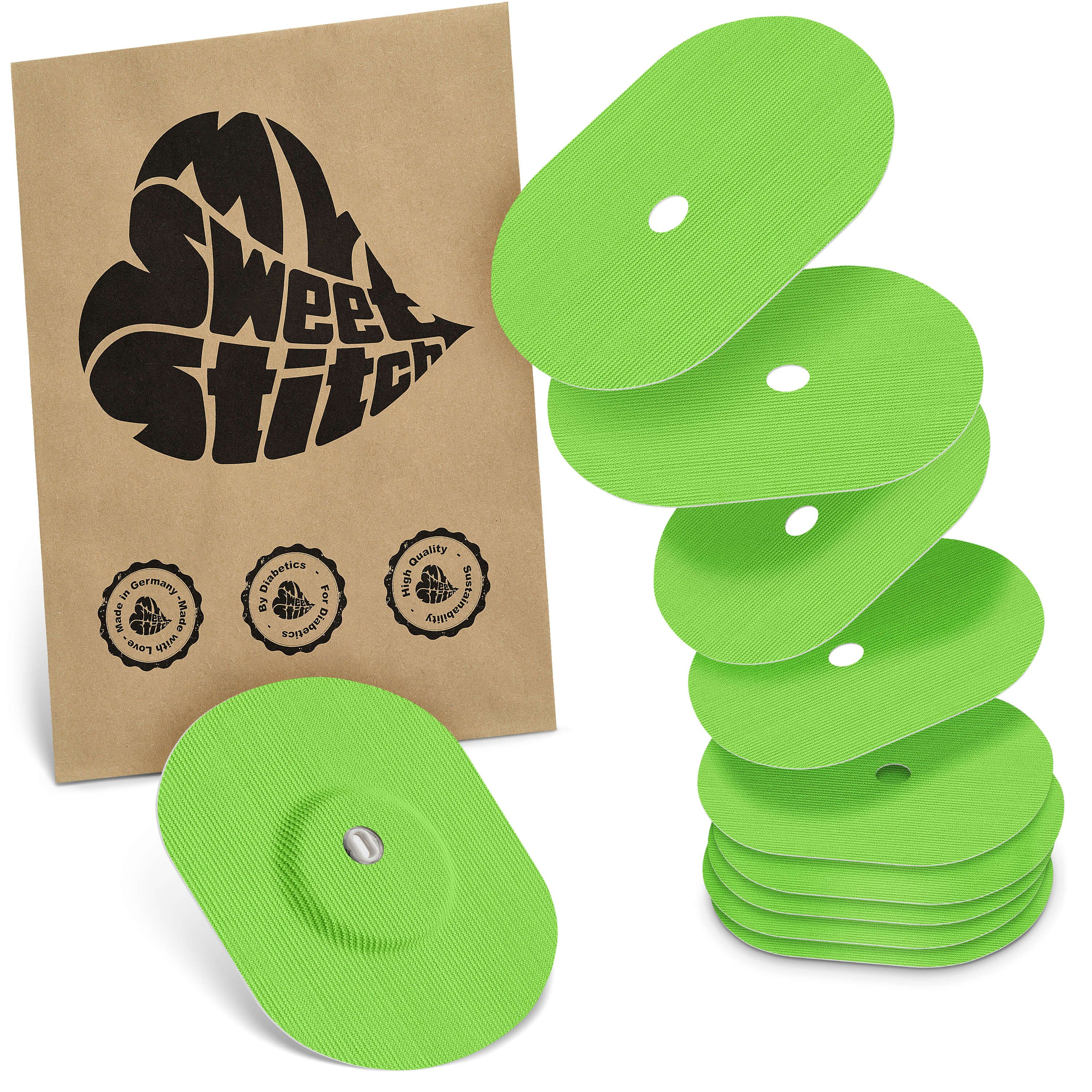 Beutel mit Logo MySweetStitch und ovale, grüne Pflaster. Einige Pflaster sind gestapelt, eines mit Sensor. Siegel: Made in Germany.