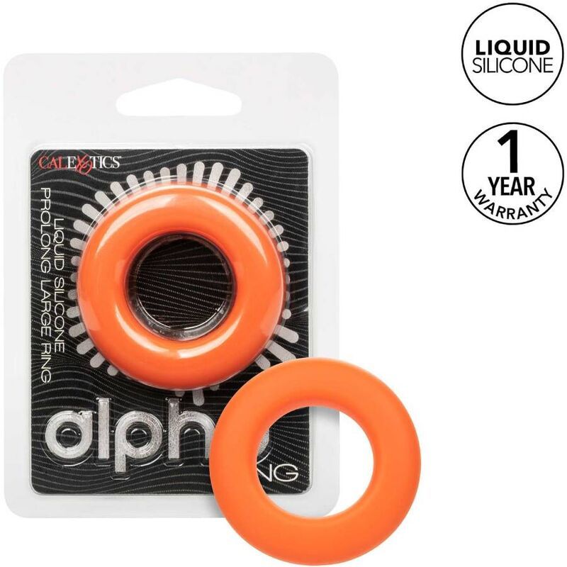 Verpackung mit orangefarbenem Ring. Produktname: Alpha Ring. Marke: CalExotics. Aus Silikon.