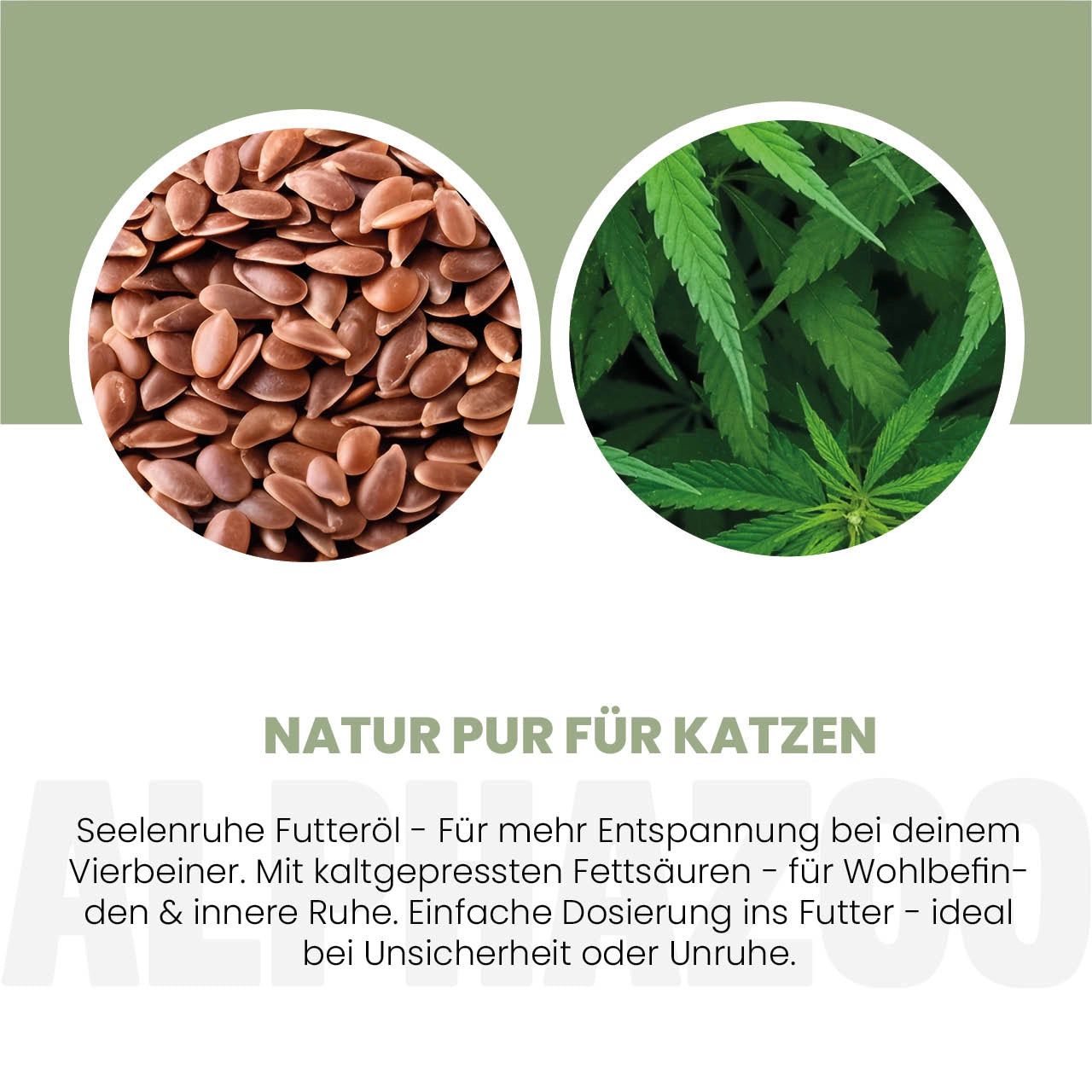 Zwei Kreise: Leinsamen und Hanfblätter. Text: NATUR PUR FÜR KATZEN. Kaltgepresste Fettsäuren.
