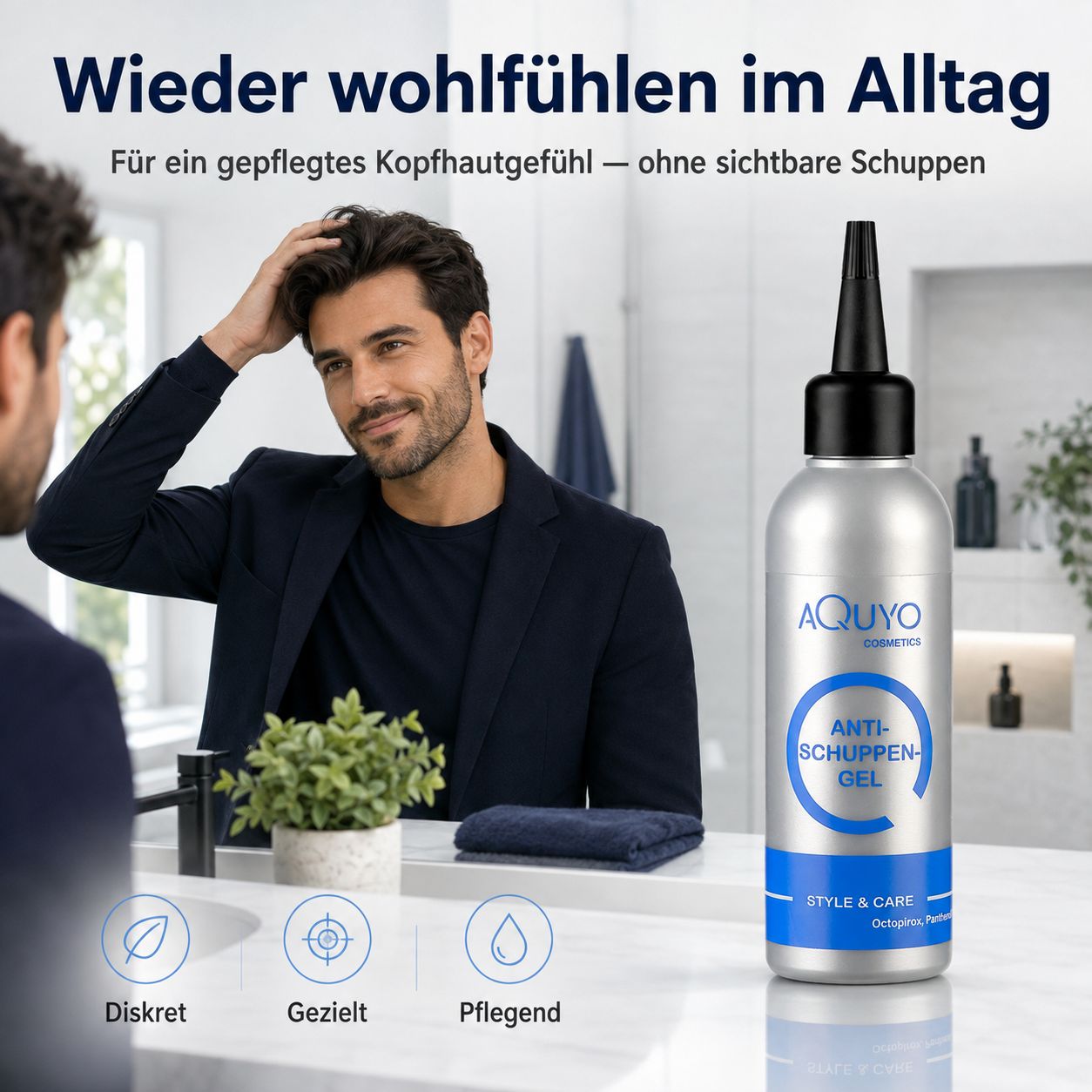 Mann betrachtet sich im Spiegel, hält Flasche Anti-Schuppen-Gel. Icons zeigen Diskretion, gezielte Pflege, Feuchtigkeit.