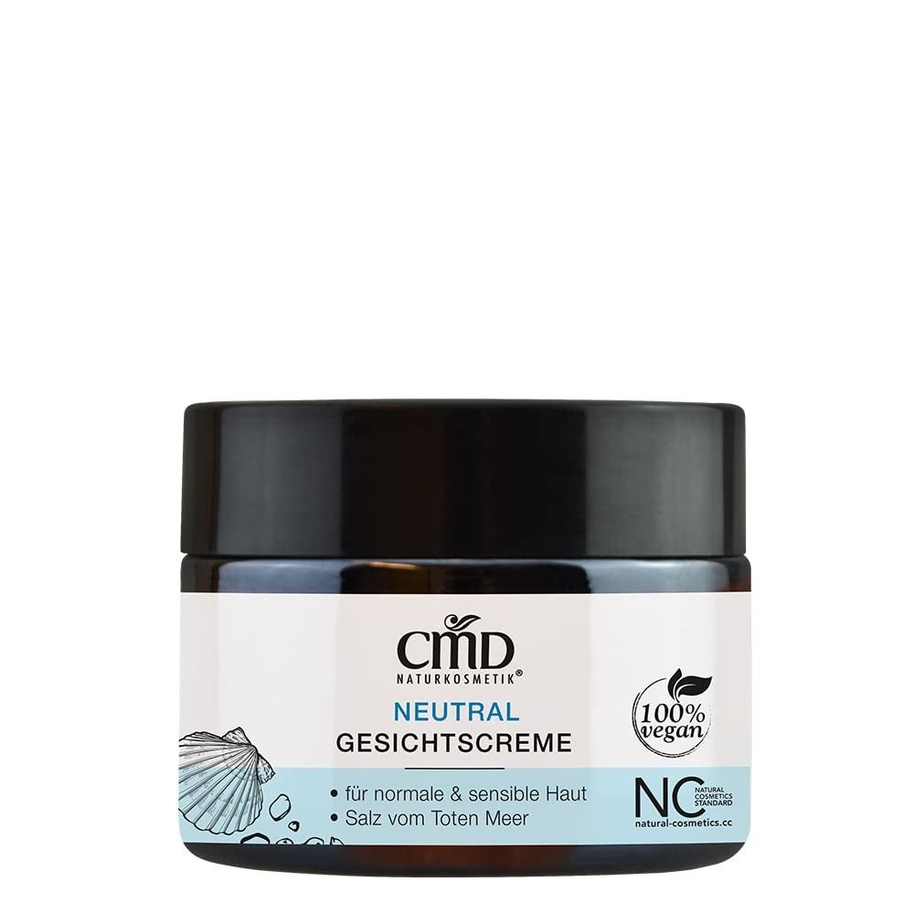 Creme-Tiegel mit schwarzem Deckel. Auf dem Etikett steht "CMD Naturkosmetik Neutral Gesichtscreme". Mit veganem Siegel und Muschel-Illustration.