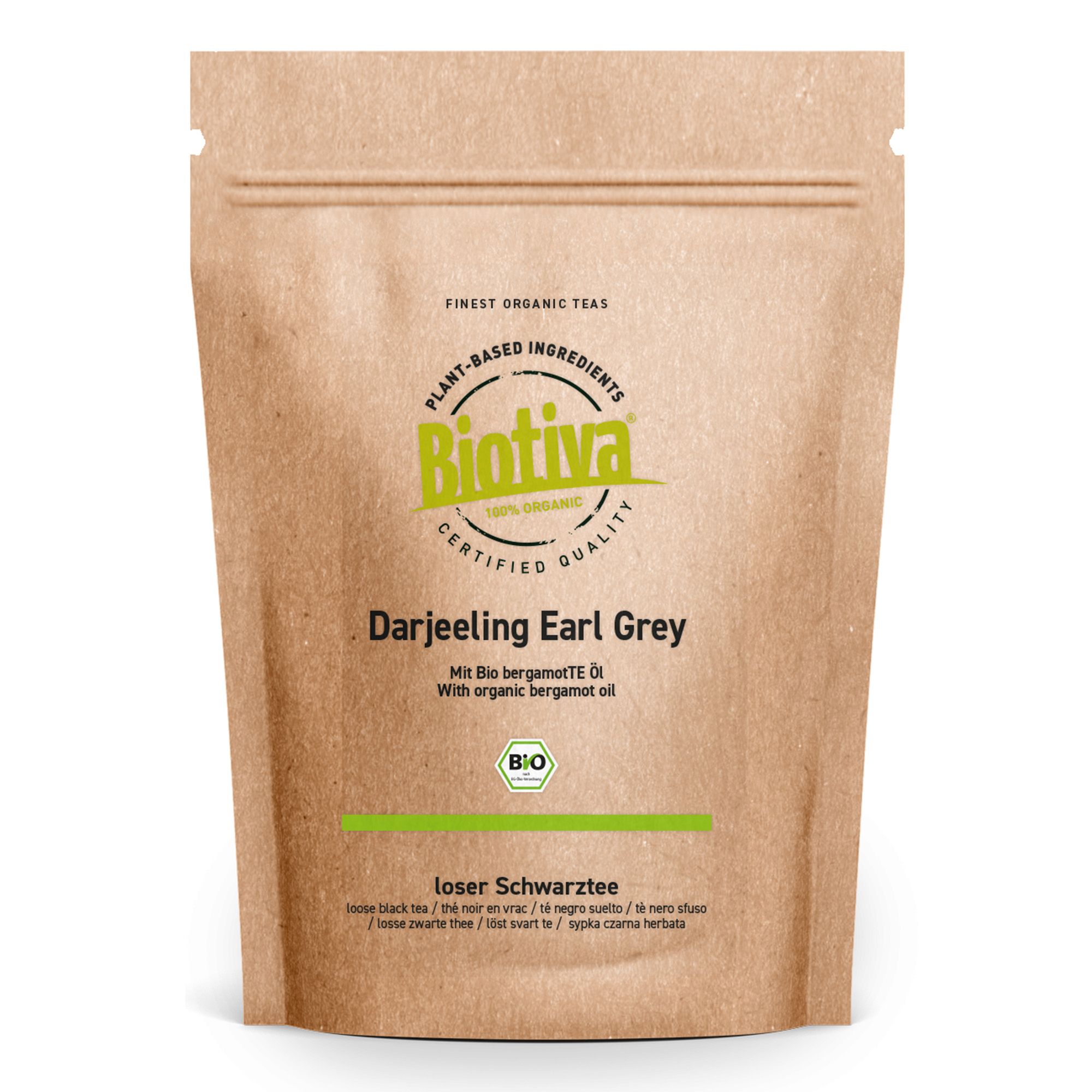 Beutel mit Biotiva Darjeeling Earl Grey Schwarztee Bio. Braune Papierverpackung mit grünem Logo und Text. Bio-Zertifizierung.