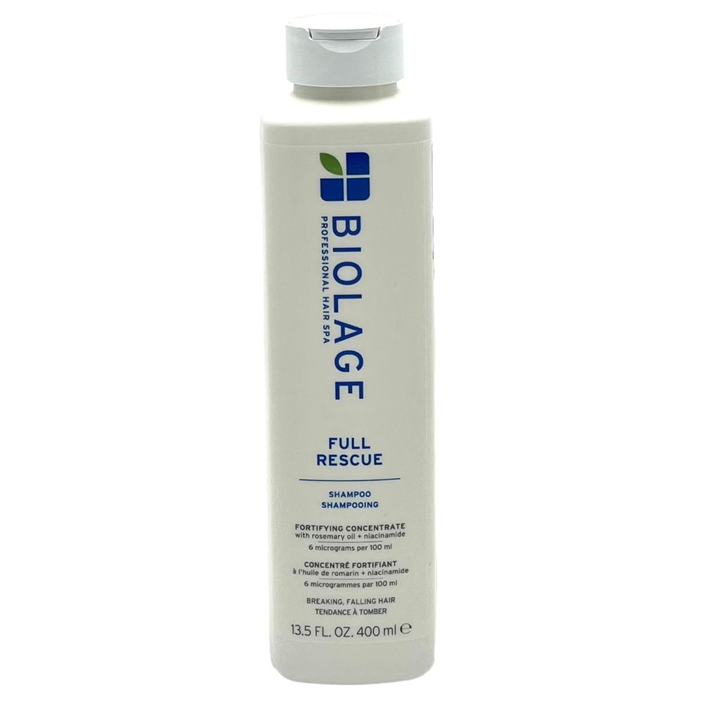 Zylindrische Flasche mit weißem Deckel. Aufschrift BIOLAGE, FULL RESCUE, Shampoo. 13,5 FL. OZ. 400 ml.