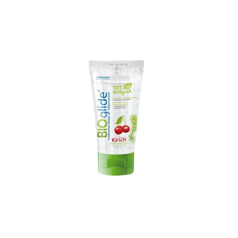 BIOglide Gleitgel Kirsche Tube. Transparent, grün. Kirschen-Abbildung. Text.