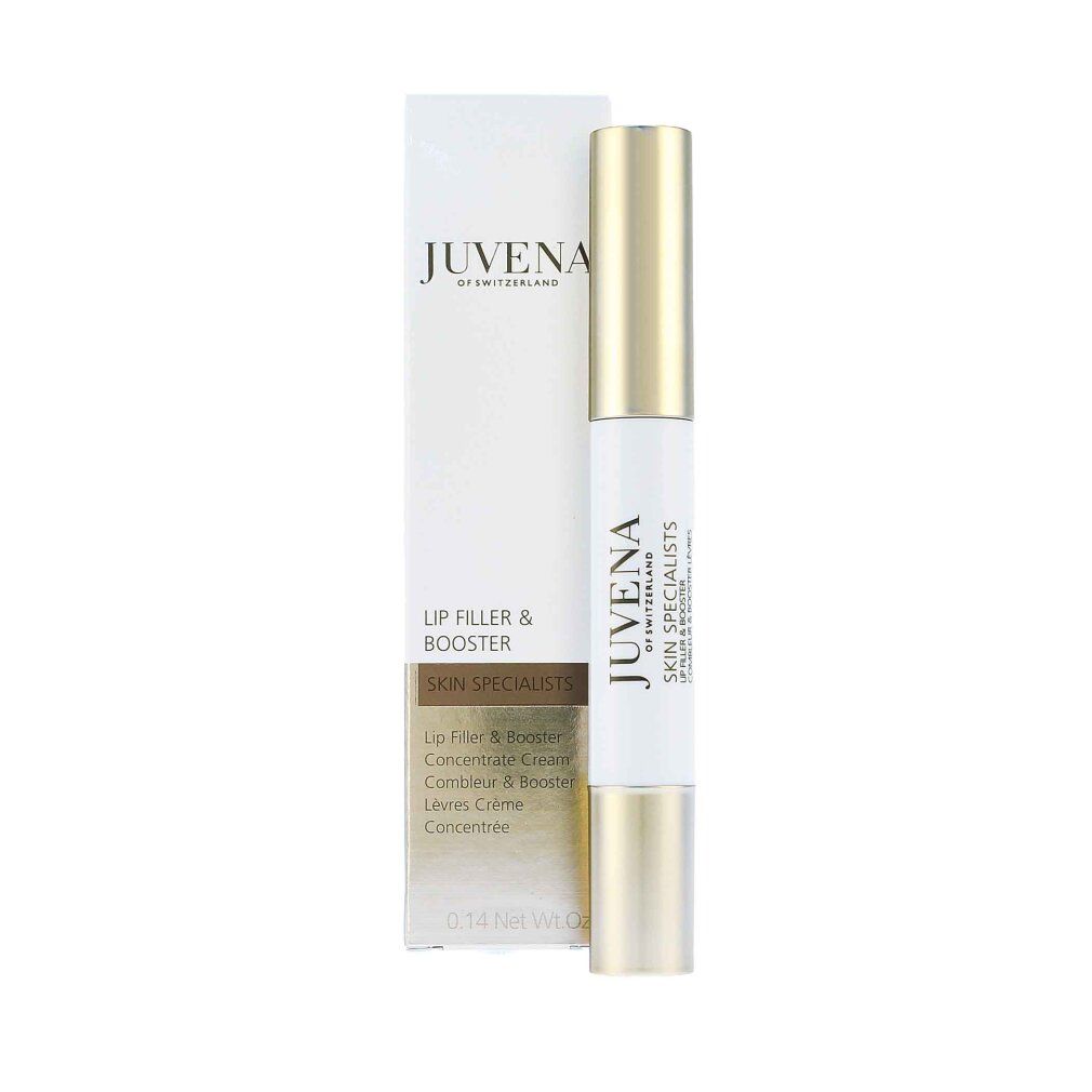 JUVENA SKIN SPECIALISTS Lippenfüller & Booster. Weißer Stift mit goldfarbenen Enden und Verpackung. Text: Lippenfüller & Booster.