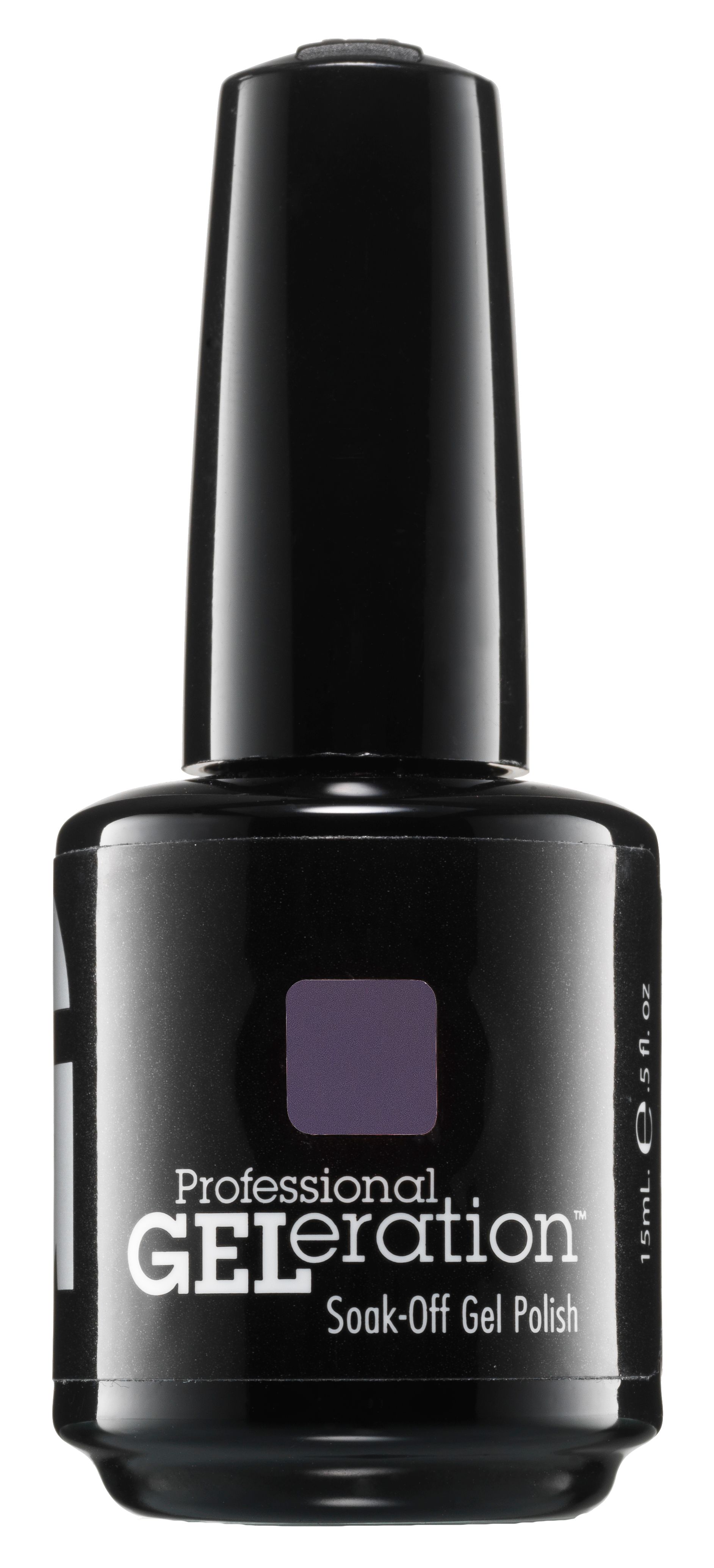 Flasche JESSICA Cosmetics GELeration Gel Colour. Schwarze Flasche mit schwarzem Deckel. Quadratische Farbmuster. Text: Soak-Off Gel Polish.