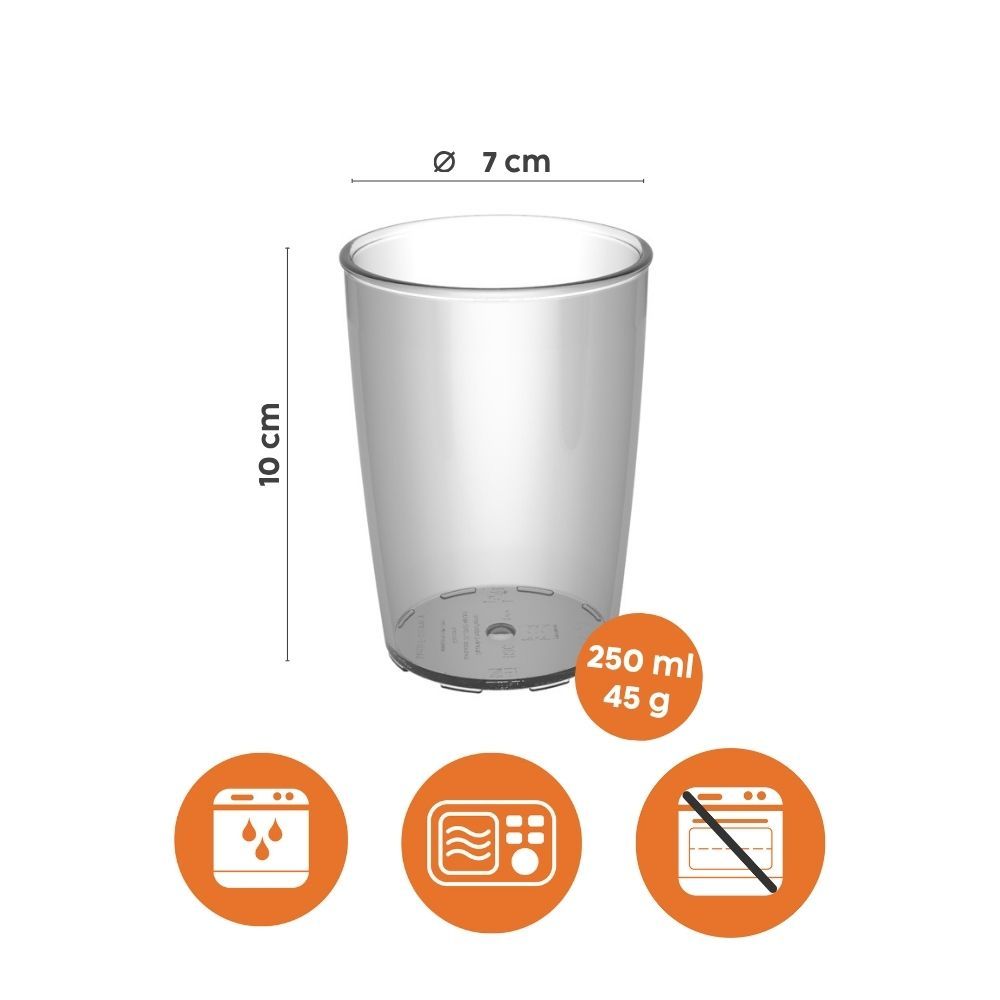 Transparenter Becher, 10 cm hoch, 7 cm Durchmesser, 250 ml Fassungsvermögen. Nicht für den Backofen.