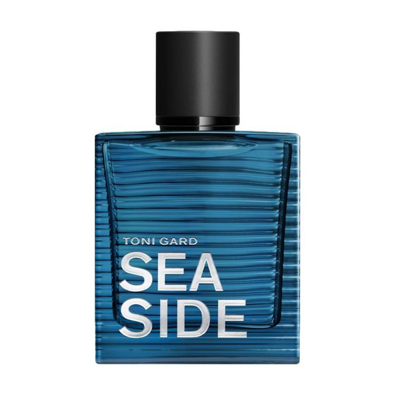 Toni Gard SEA SIDE MAN Eau de Toilette. Quadratischer Flakon aus blauem Glas. Schwarzer Deckel. Schriftzug SEA SIDE.
