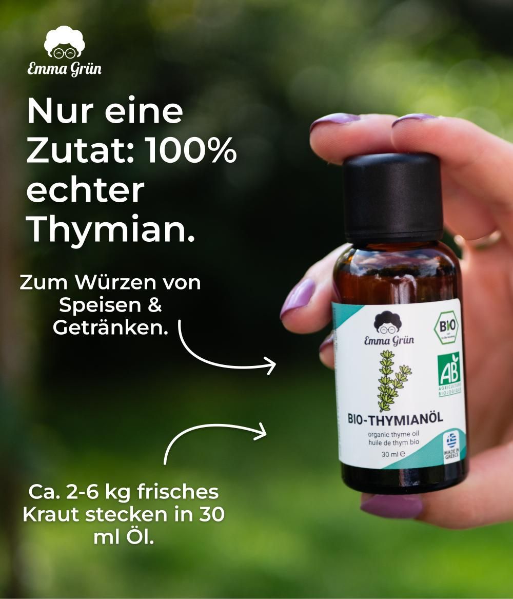 Braune Flasche mit Etikett. Text: 100% echter Thymian. Zum Würzen von Speisen & Getränken. Bio-Zertifizierung.