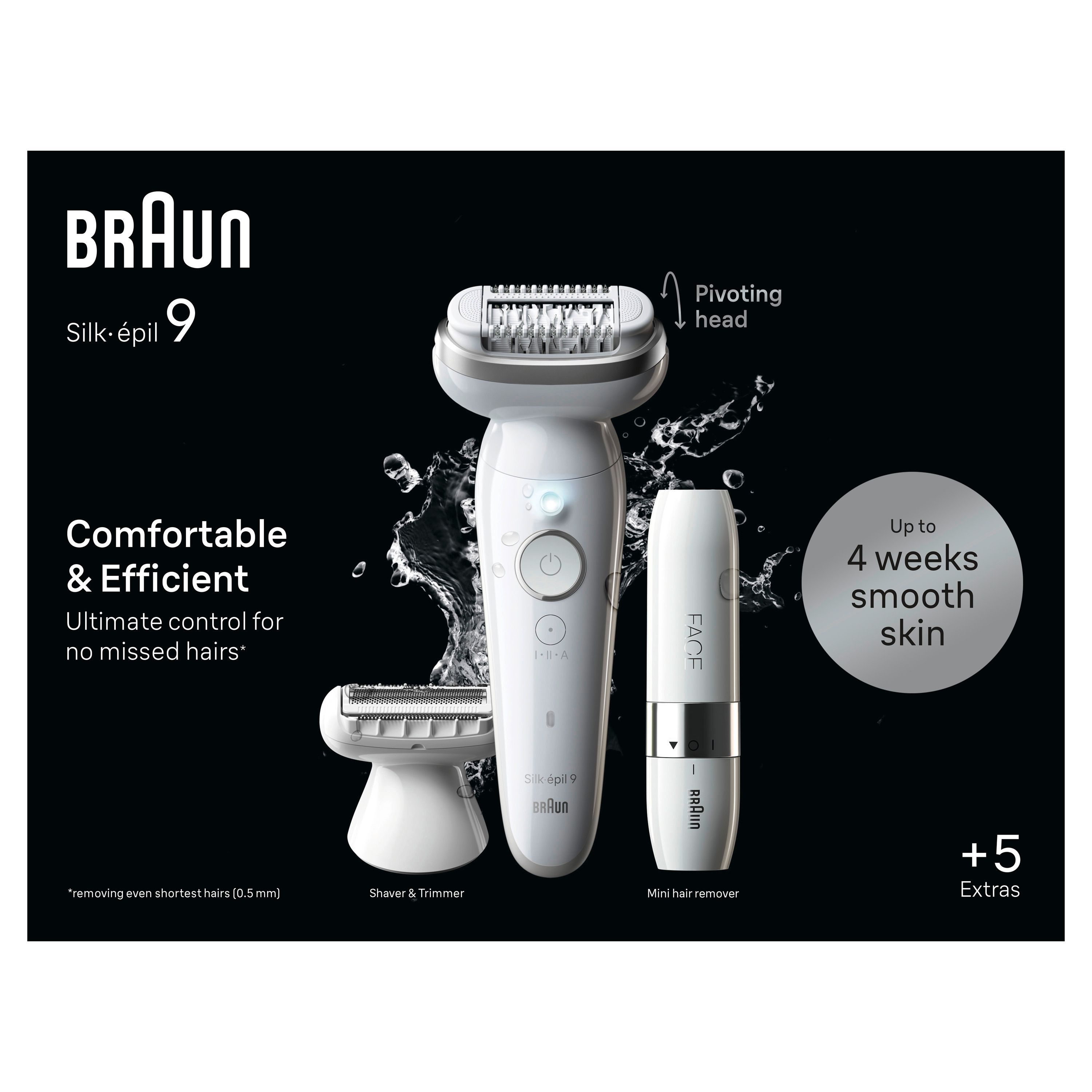 Verpackung mit weißem Epilierer, Mini-Haarentferner und Trimmer. Text: Braun Silk-épil 9, Comfortable & Efficient.
